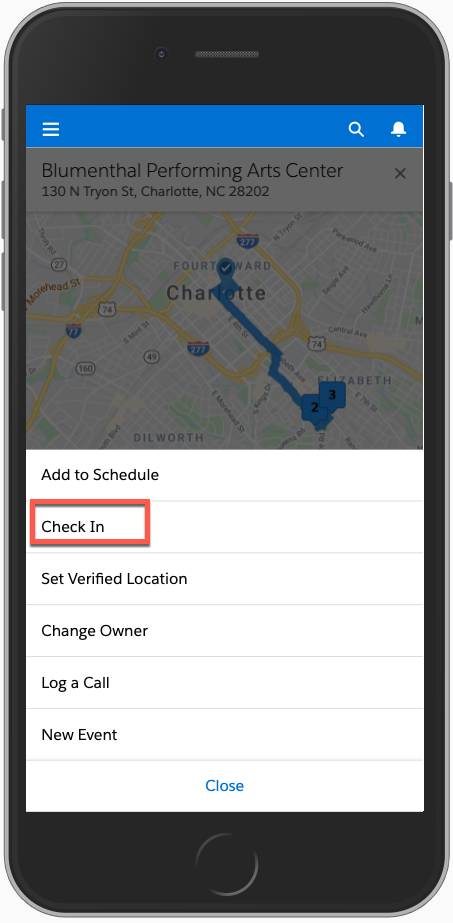 Salesforce Maps Check-In feature showing visit logging with timestamp and location tracking on mobile device