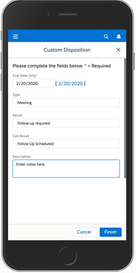 Salesforce Maps disposition notes screen for capturing meeting outcomes and follow-up actions
