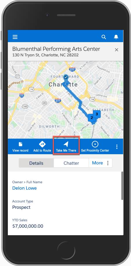 Salesforce Maps navigation feature with turn-by-turn directions to customer locations