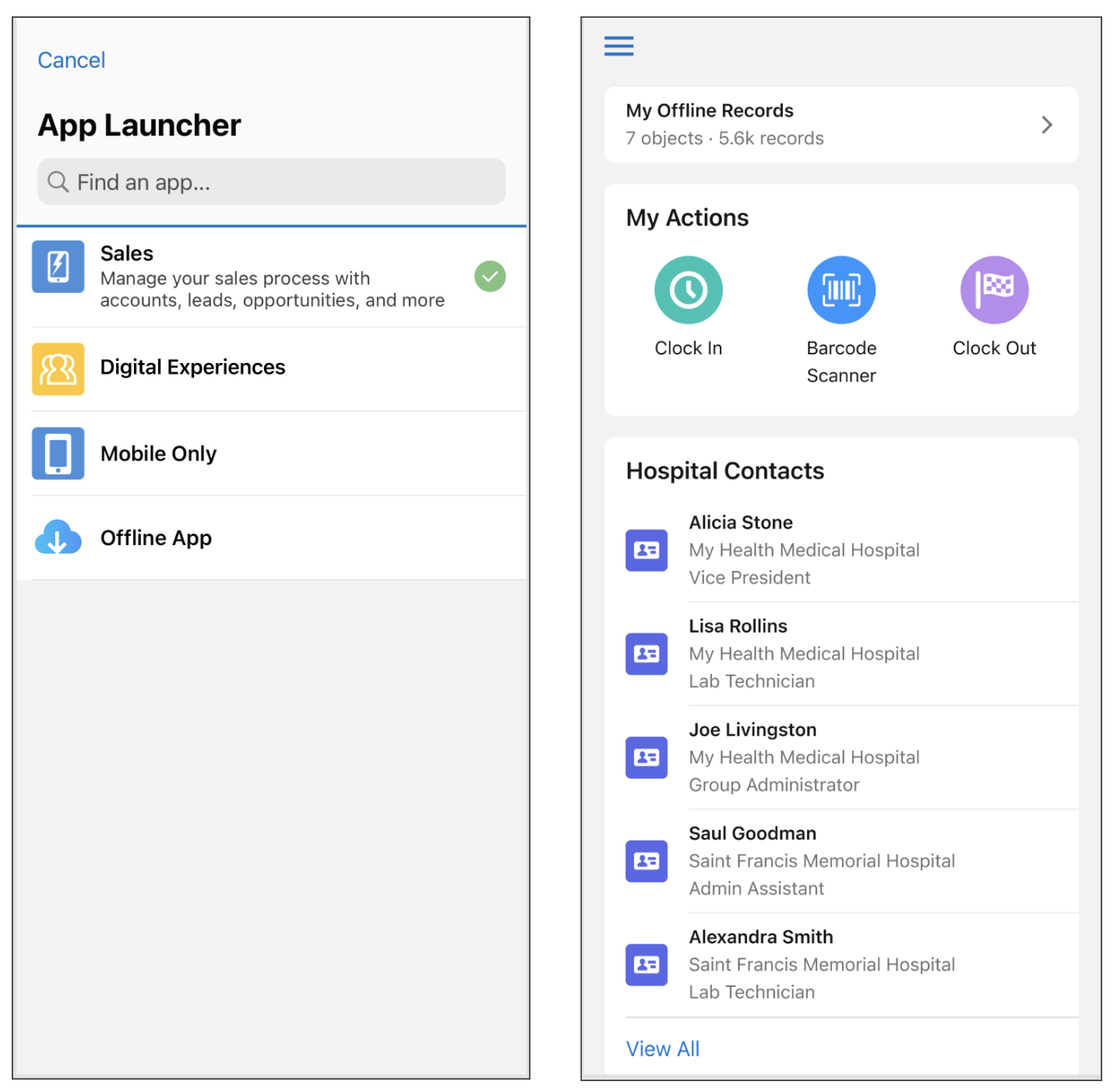 Salesforce Mobile App showing offline records with draft indicators and pending sync status